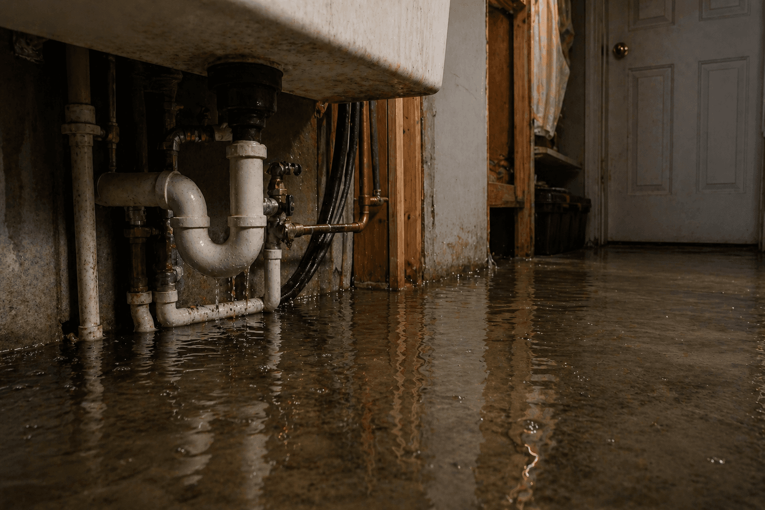 Standing water flooding a home interior after a pipe failure, showing why fast containment matters on O'ahu — Alpha Omega Plumbing
