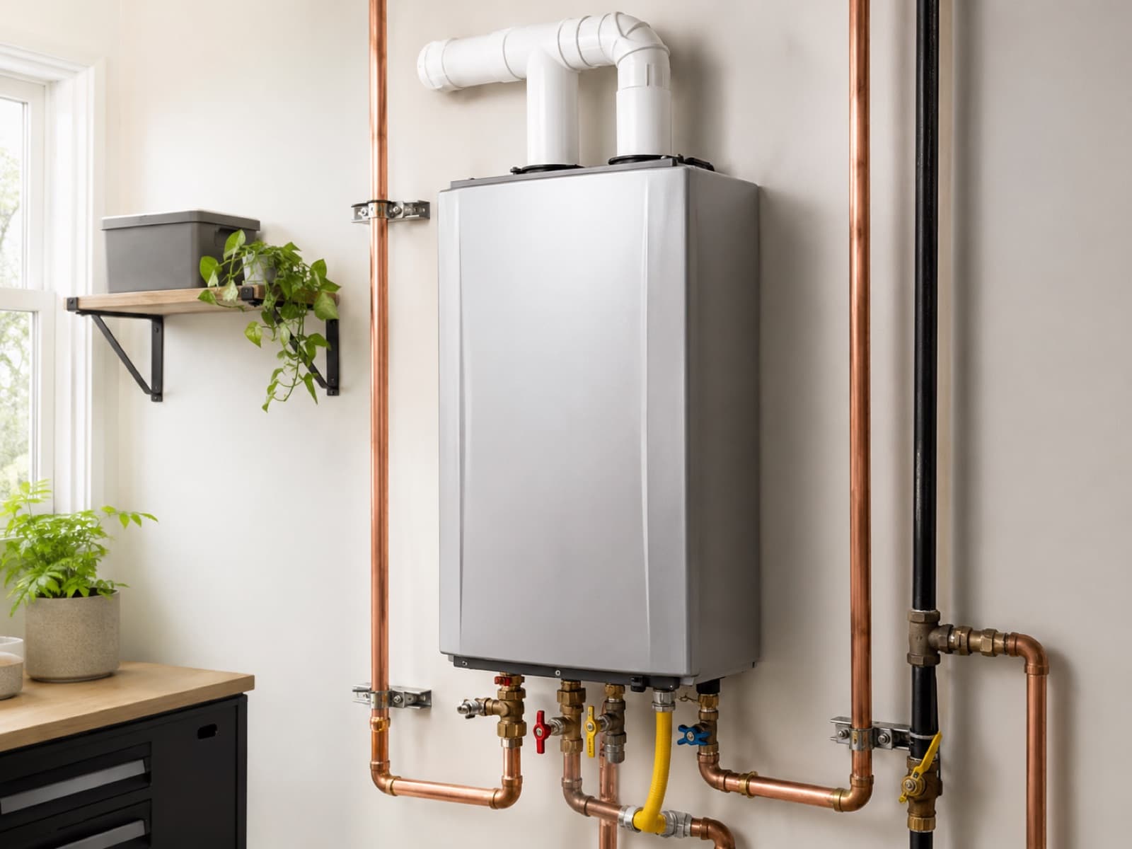 Wall-mounted tankless water heater with copper pipes installed in an O'ahu home — Alpha Omega Plumbing