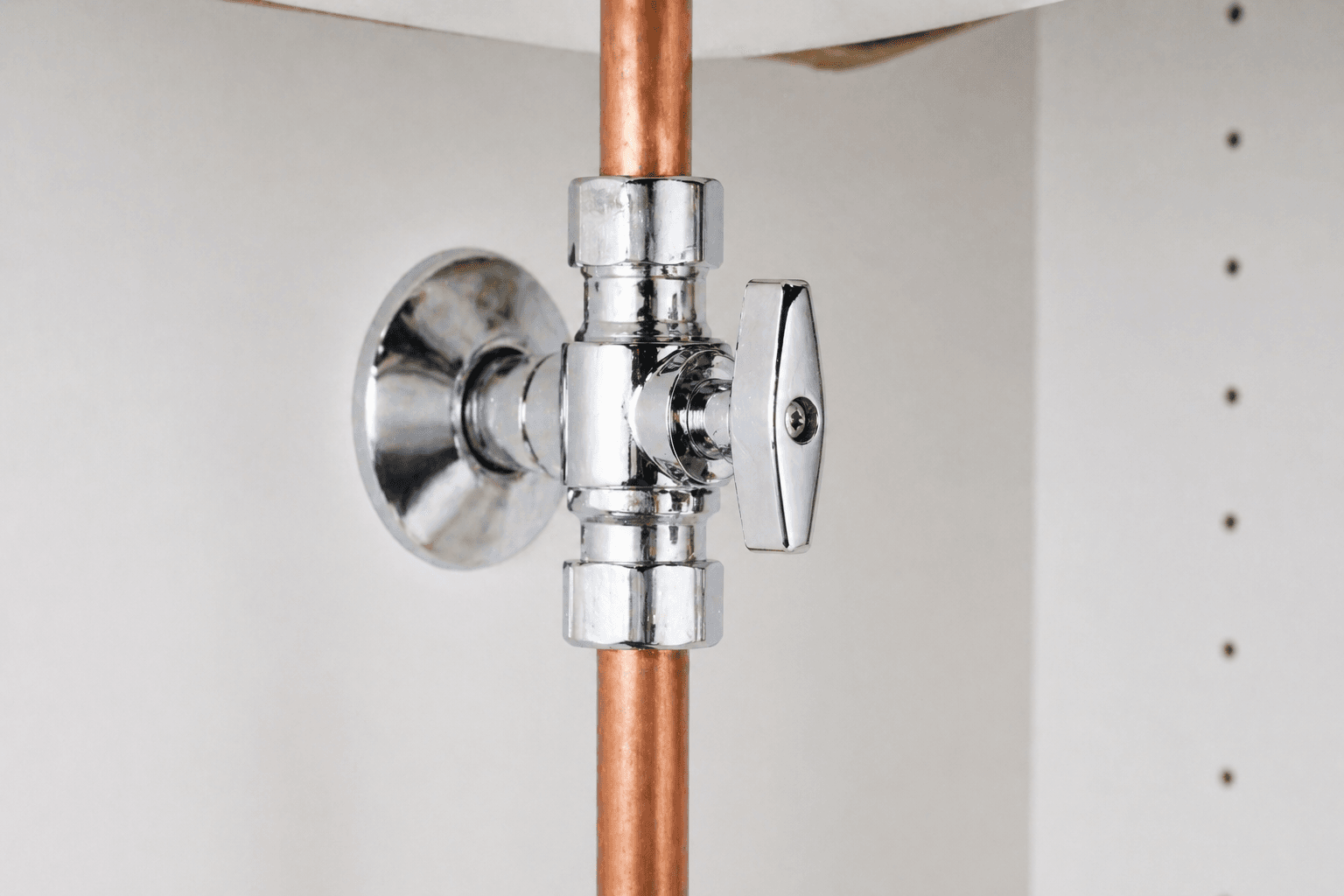Homeowner turning a copper main water shut-off valve to stop a burst pipe in an O'ahu home — Alpha Omega Plumbing